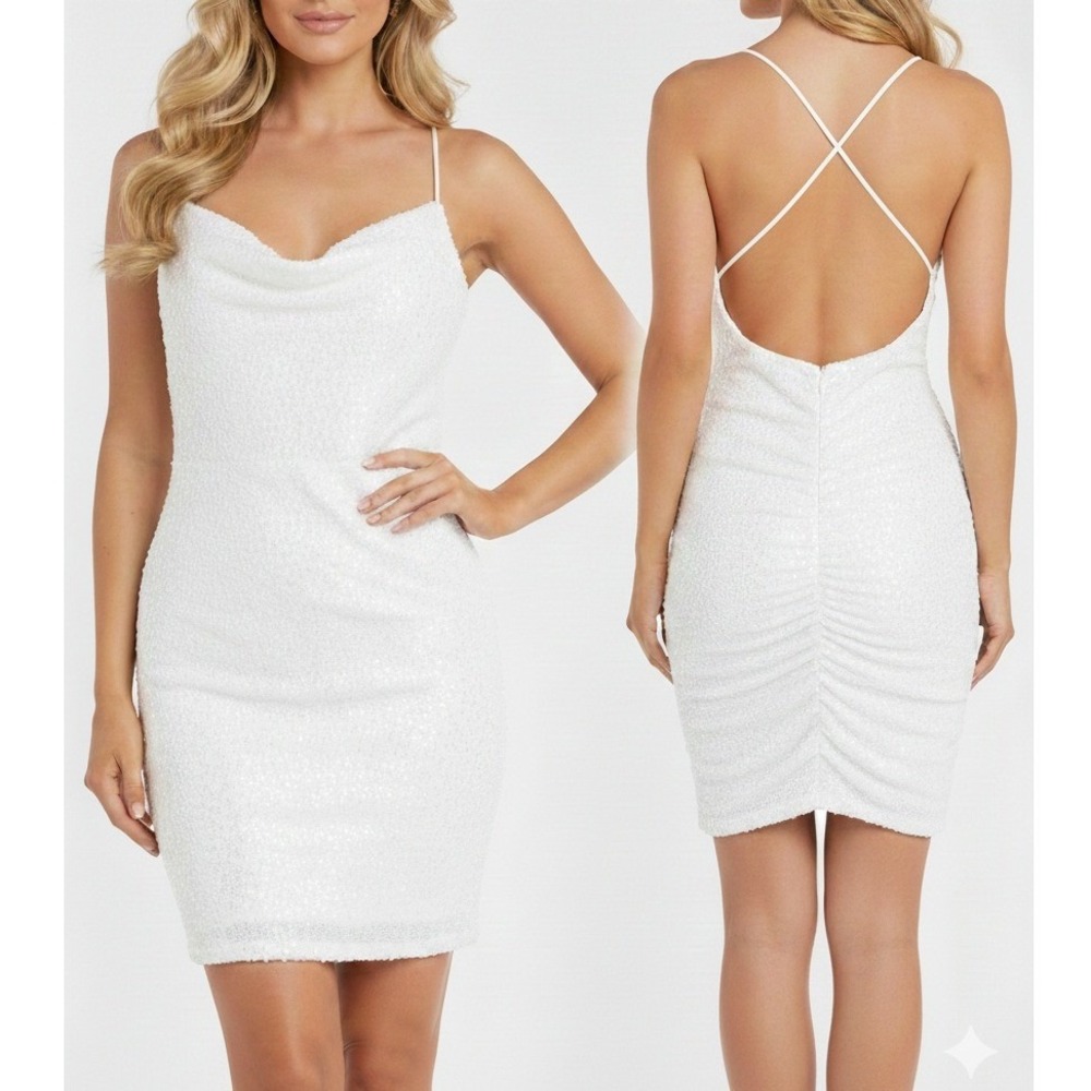Sequin Bodycon Mini Dress Size 11‎ Cowl Neck Ruched Back Glam Party Vacation